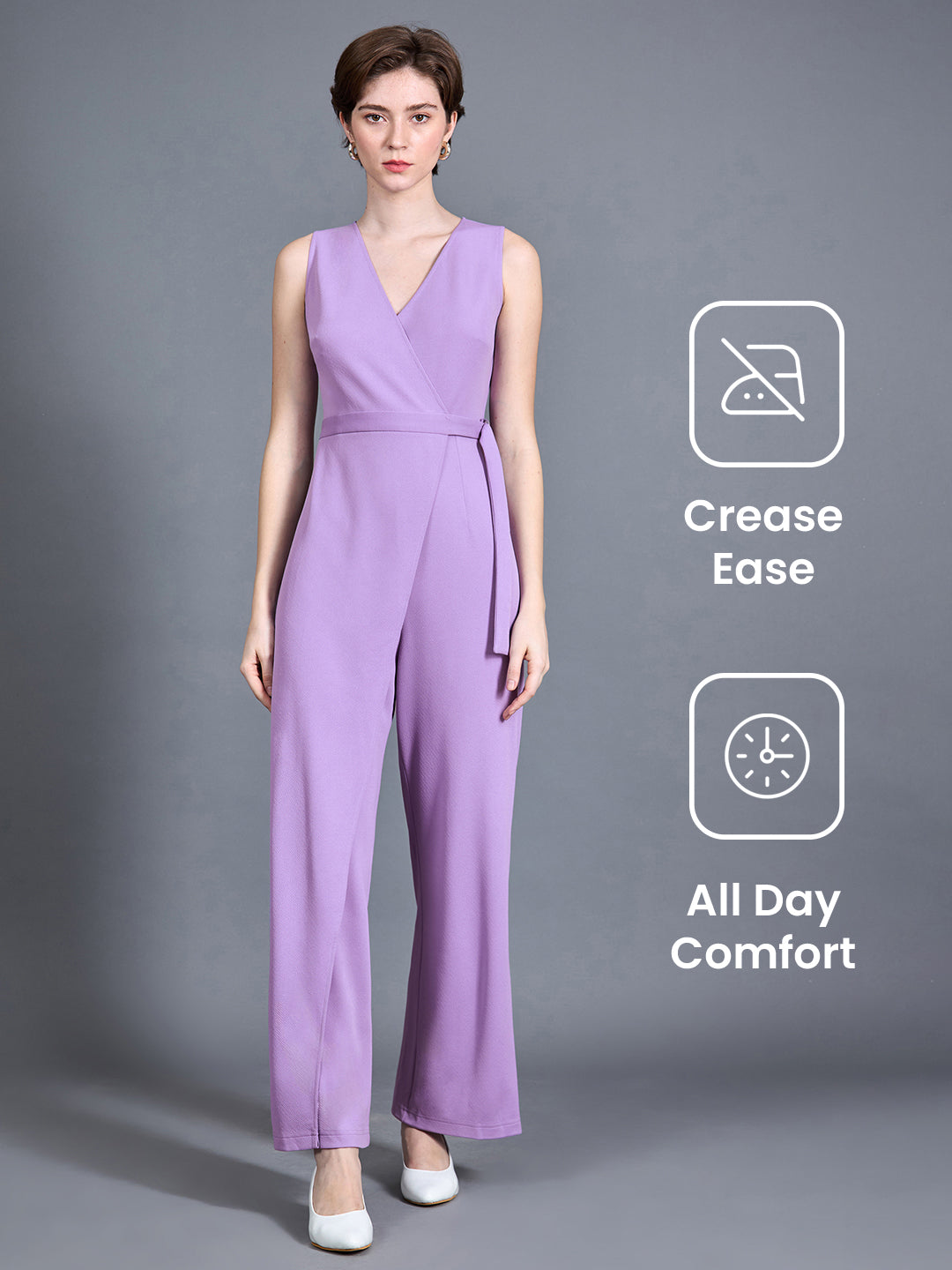 Women's Light Lavender V-Neck Sleeveless Solid Wrap Regular Length Jumpsuit
