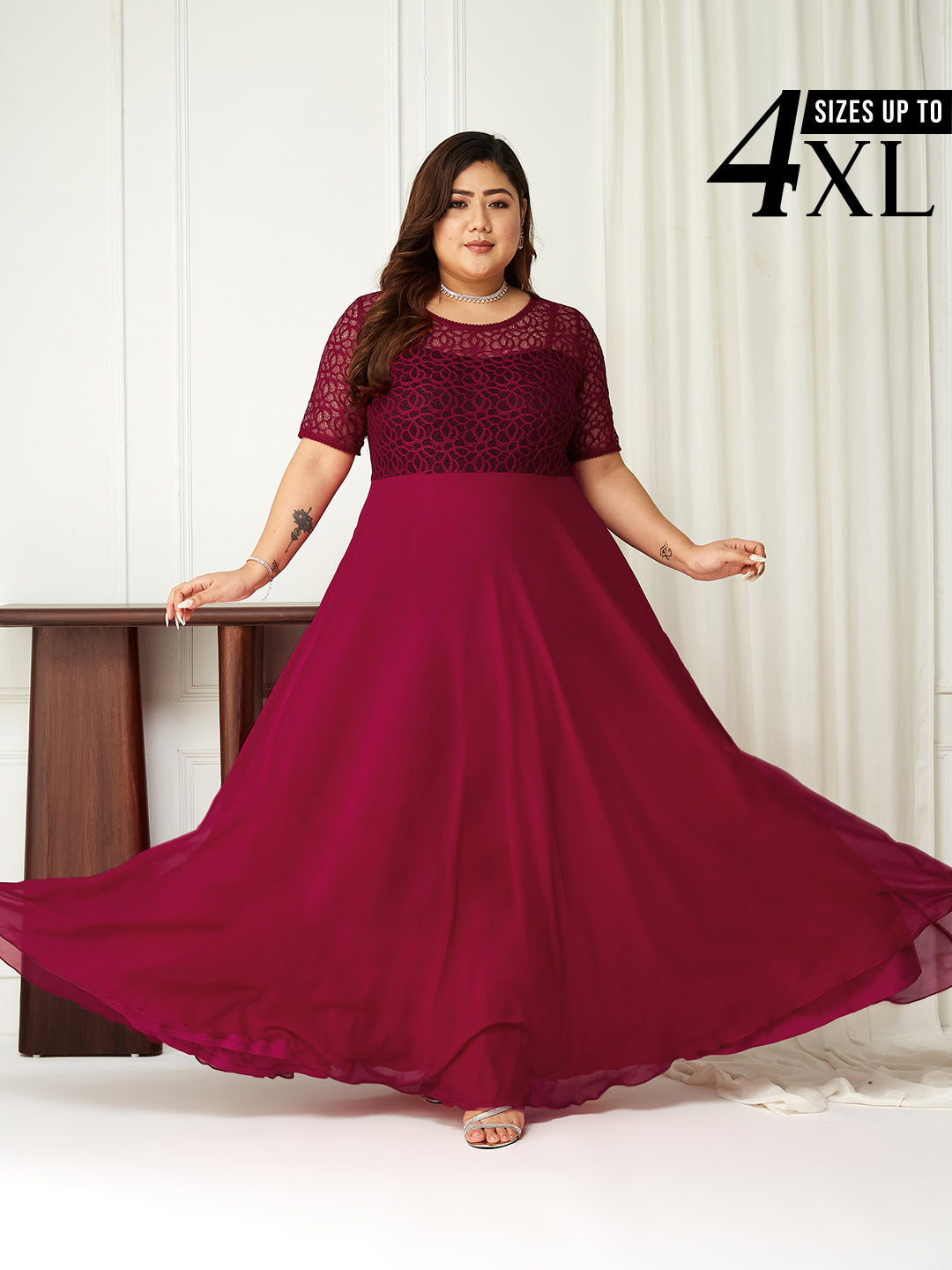 Body Bliss Dark Pink Solid Lace Overlaid Maxi Dress for Women