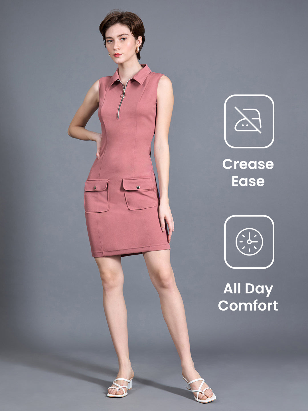 Women's Solid Dusty-Pink Sleeveless Collared Bodycon Above-Knee Polyester Dress