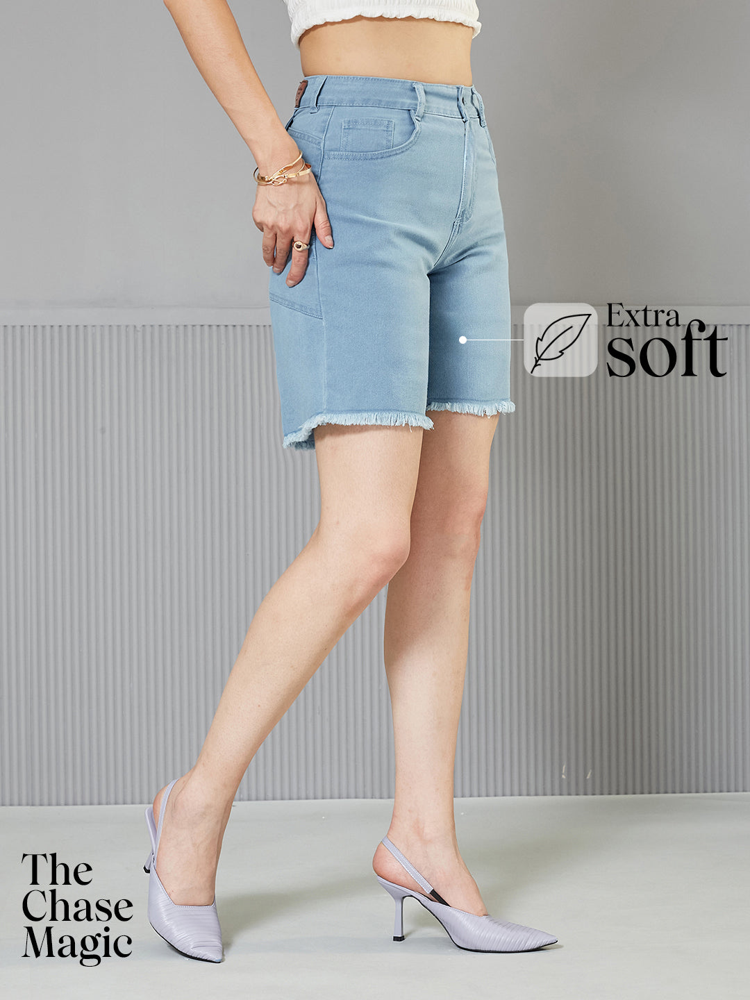 Light-Blue Regular High-Rise Above Knee Stretchable Denim Shorts for Women
