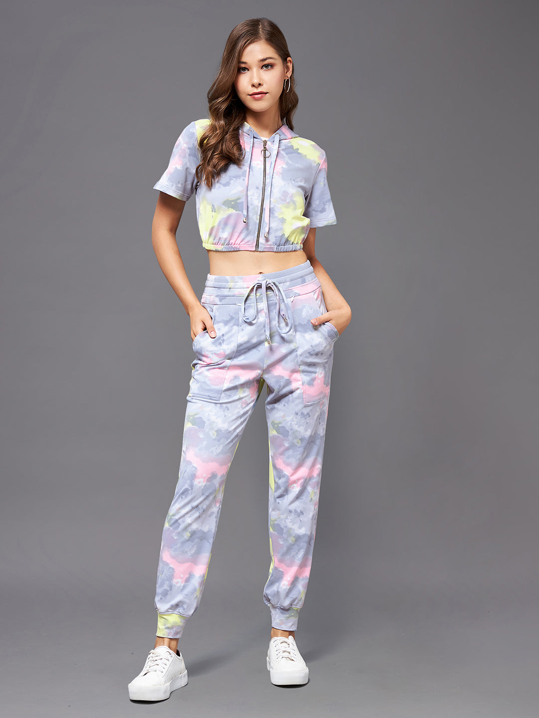 Women's Multicolored-Base-Grey Round Short Polyester Tie & Dye Crop Regular Co-ord Set