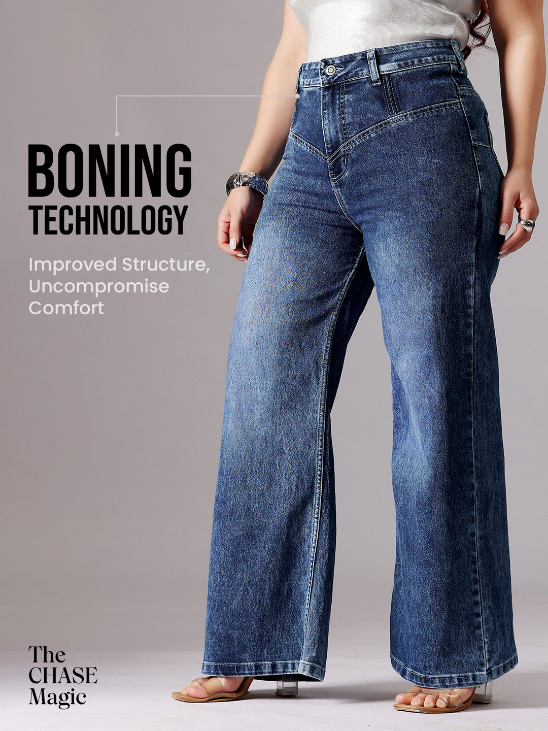 CHASEshape™ Light-Shaping Wide-Leg High-Rise Dark Blue Denim Jeans with Boning Technology for Women — Miss Chase A+