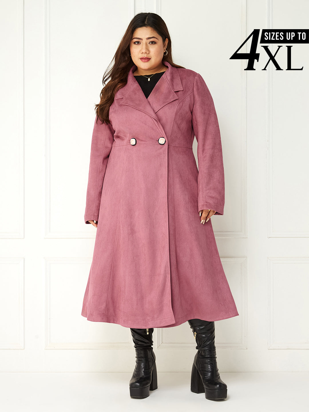 Body Bliss Mauve Solid Double Breasted Longline Jacket for Women
