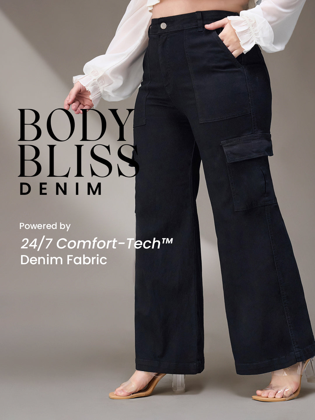 Body Bliss Black Wide-Leg High-Rise Stretchable Denim Cargo Jeans for Women