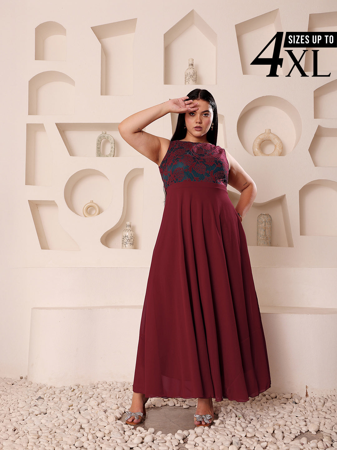 fitted lace wedding dress Maroon Handspun Cotton Fit and Flare Maxi Tier Dress 44