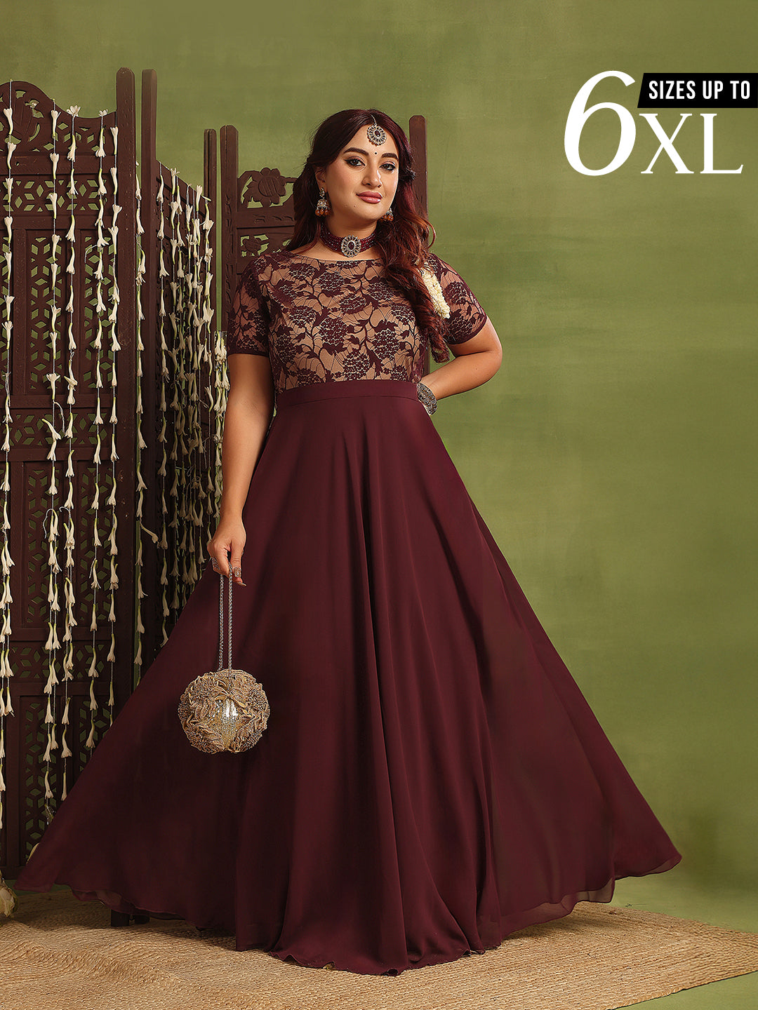 Wine Short Sleeves Lace Fit and Flare Maxi Dress for Women