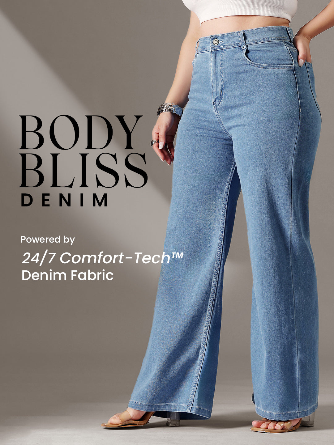 Body Bliss Blue Wide-Leg High-Rise Clean-Look Regular-Length Stretchable Denim Jeans for Women