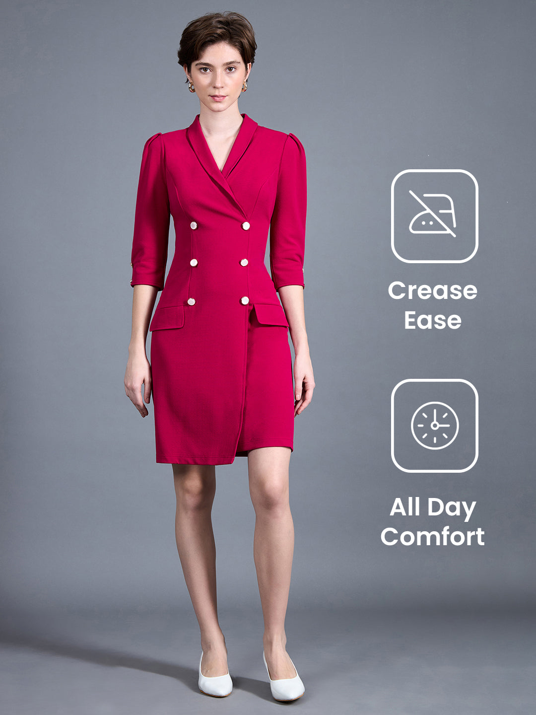 Women's Dark Pink V-neck 3/4 Sleeve Solid Double Breasted Blazer Knee-Long Polyester Dress