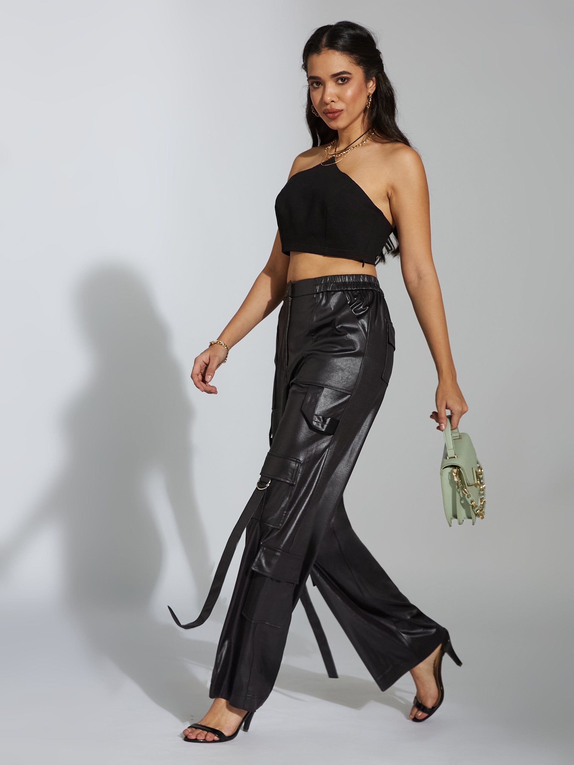 Women's Black Relaxed-Fit Regular-Length Stretchable Polyester Pants