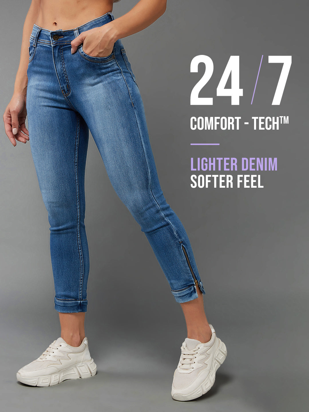 24/7 Comfort Mid-Blue Skinny-Fit High-Rise Ankle Length Acid Wash Blast Effect Denim Jeans for Women