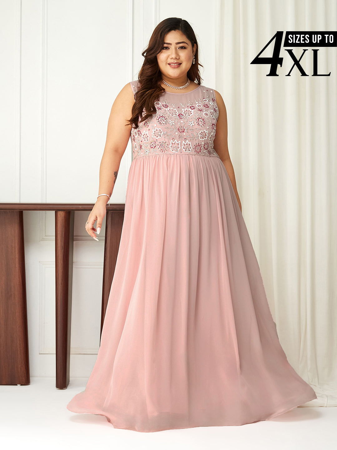 Light Pink Sleeveless Fit and Flare Sequinned Maxi Dress for Women