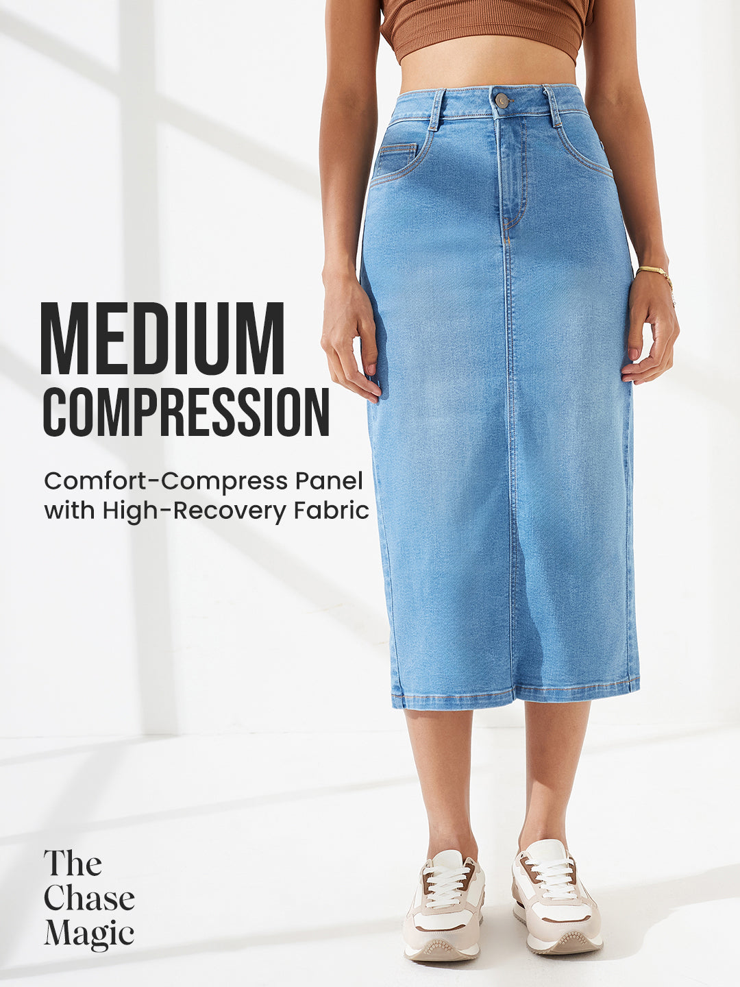 CHASEshape™ Mild Compression Bodycon High-Rise Mid-Blue Denim Skirt