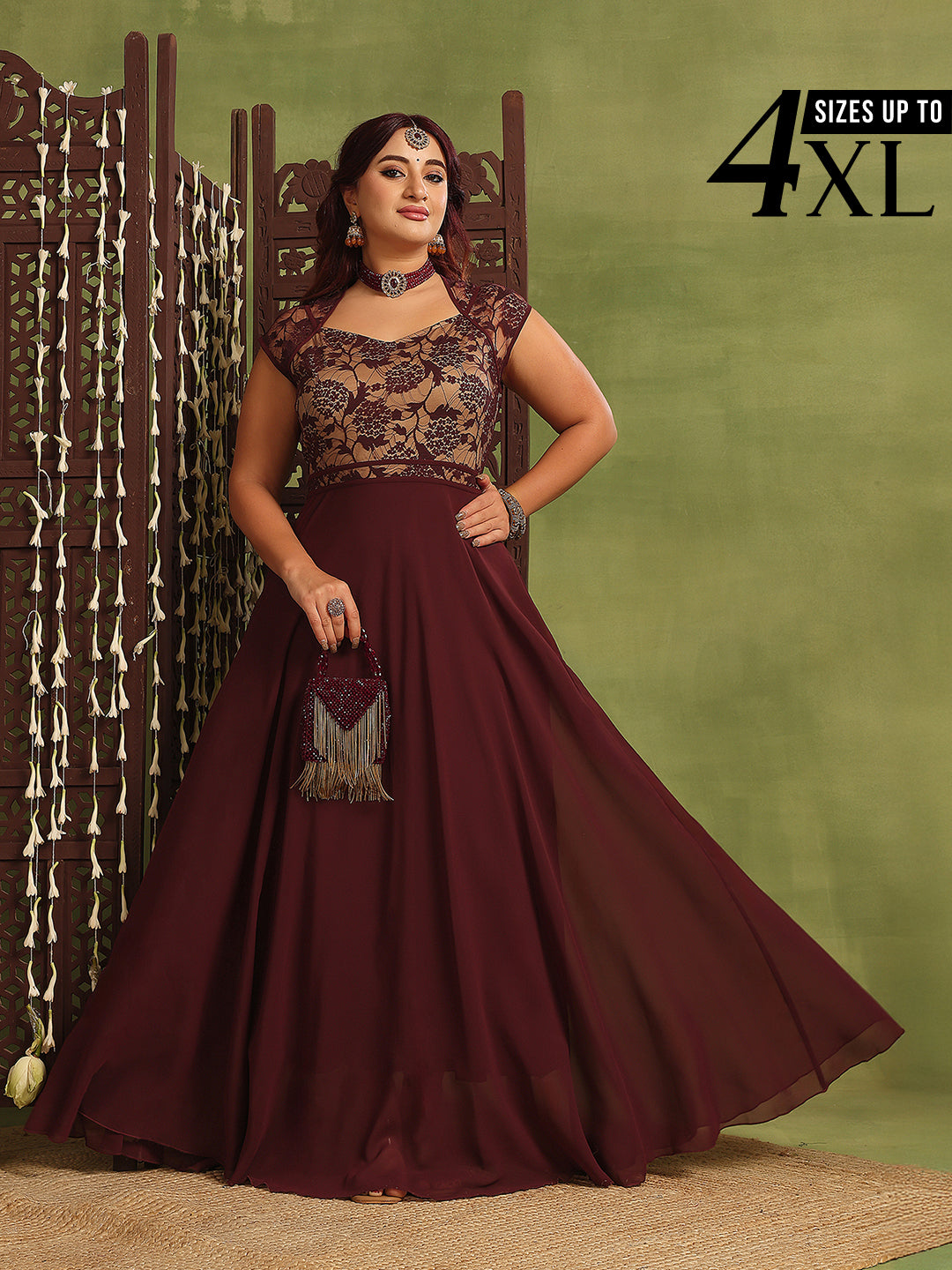 Wine Floral Cap Sleeves Fit and Flare Lace Maxi Dress for Women