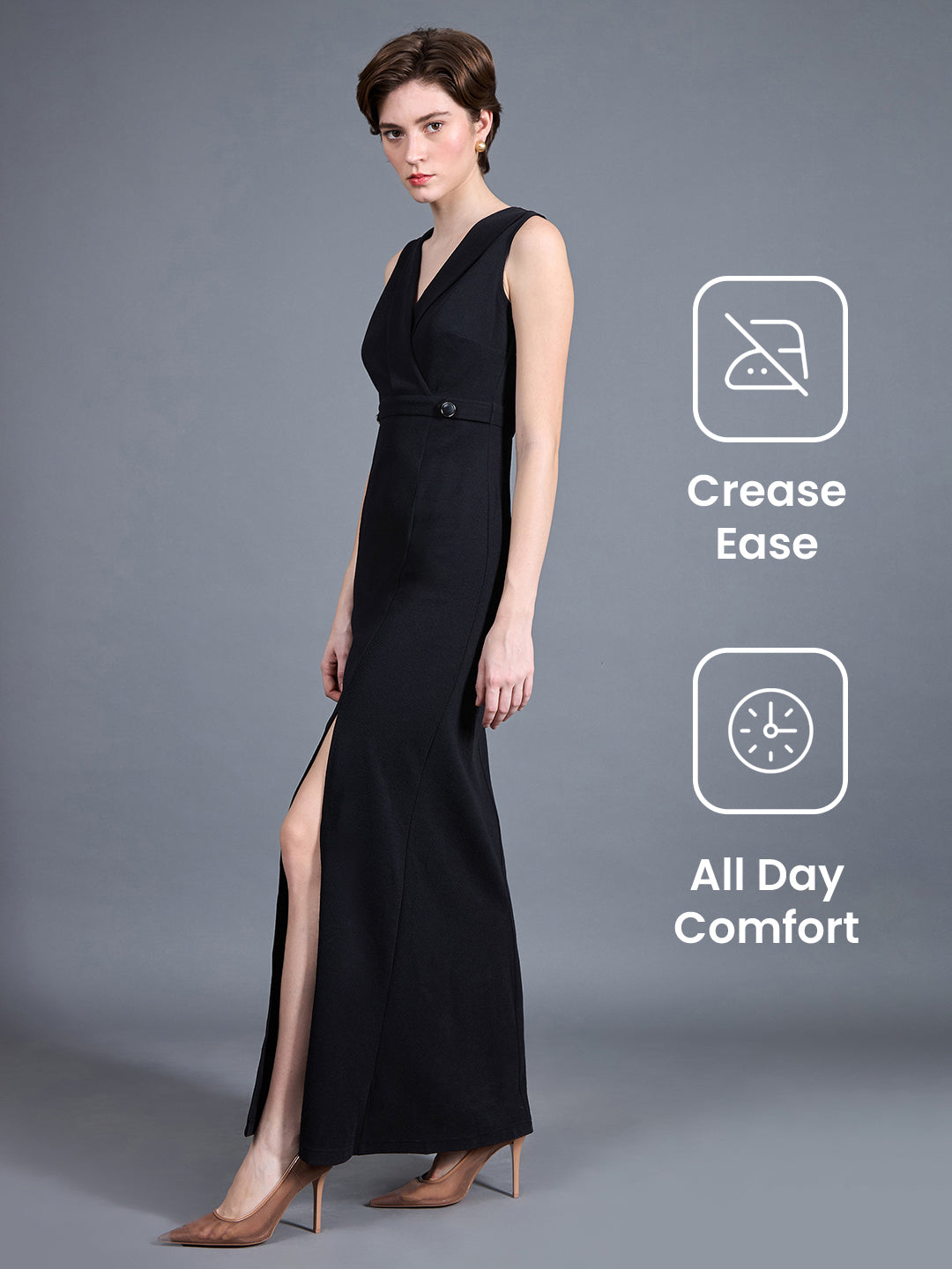 Women's Black V-Neck Sleeveless Solid Side Slit Wrap Maxi Dress