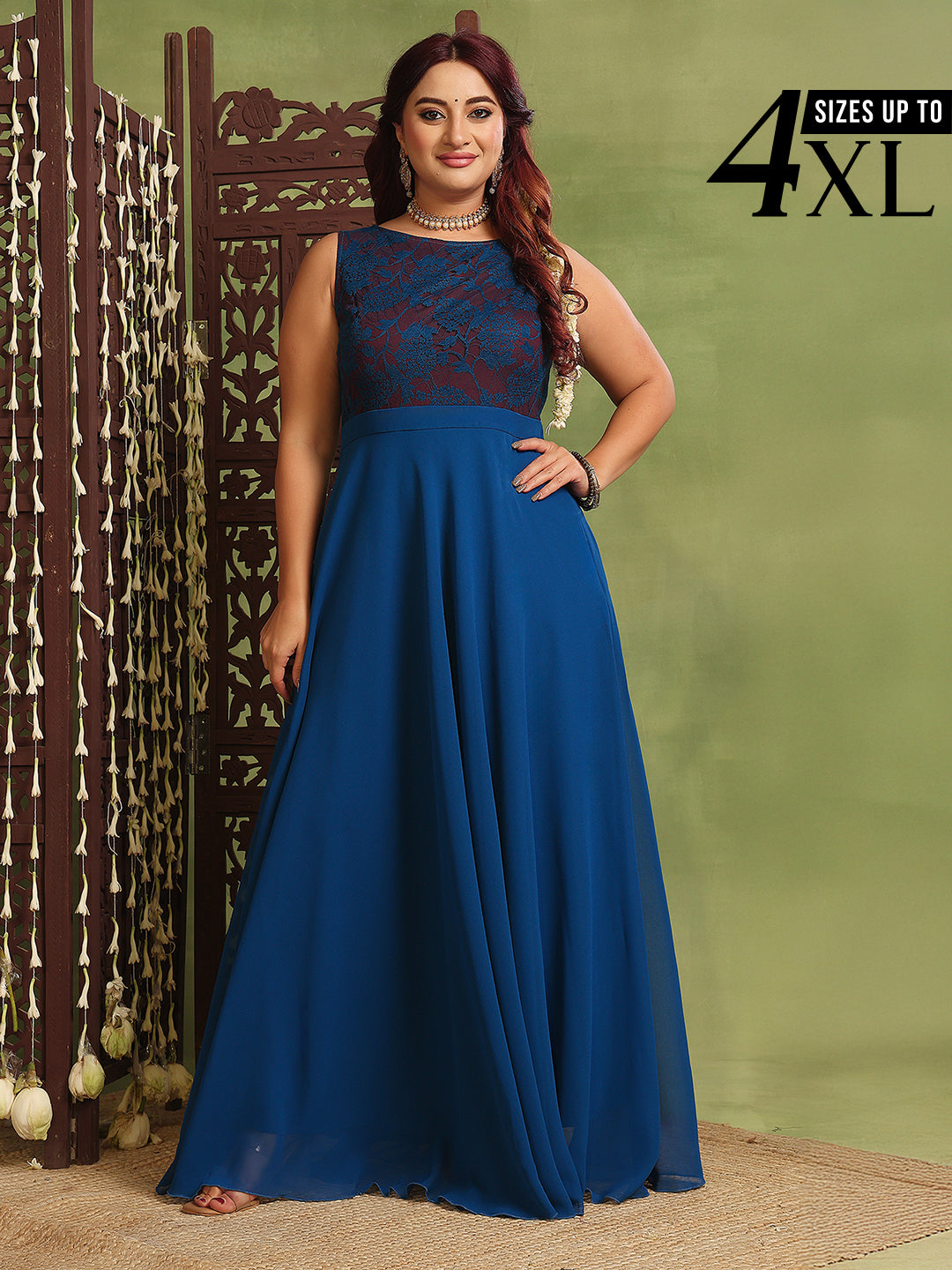 Royal Blue & Wine Sleeveless Fit and Flare Lace Dress for Women