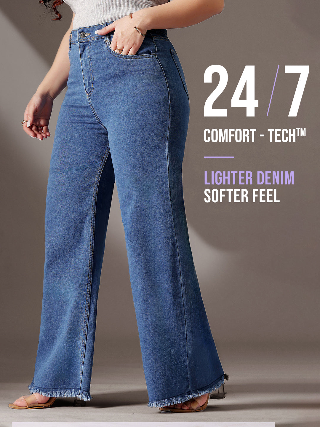 24/7 Comfort Mid-Blue Wide-Leg High-Rise Stretchable Denim Jeans for Women