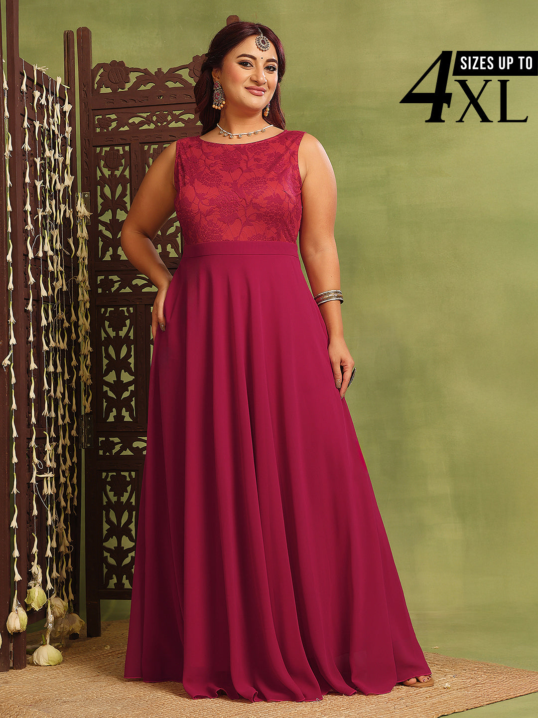 Dark Pink & Rust Sleeveless Fit and Flare Lace Dress for Women