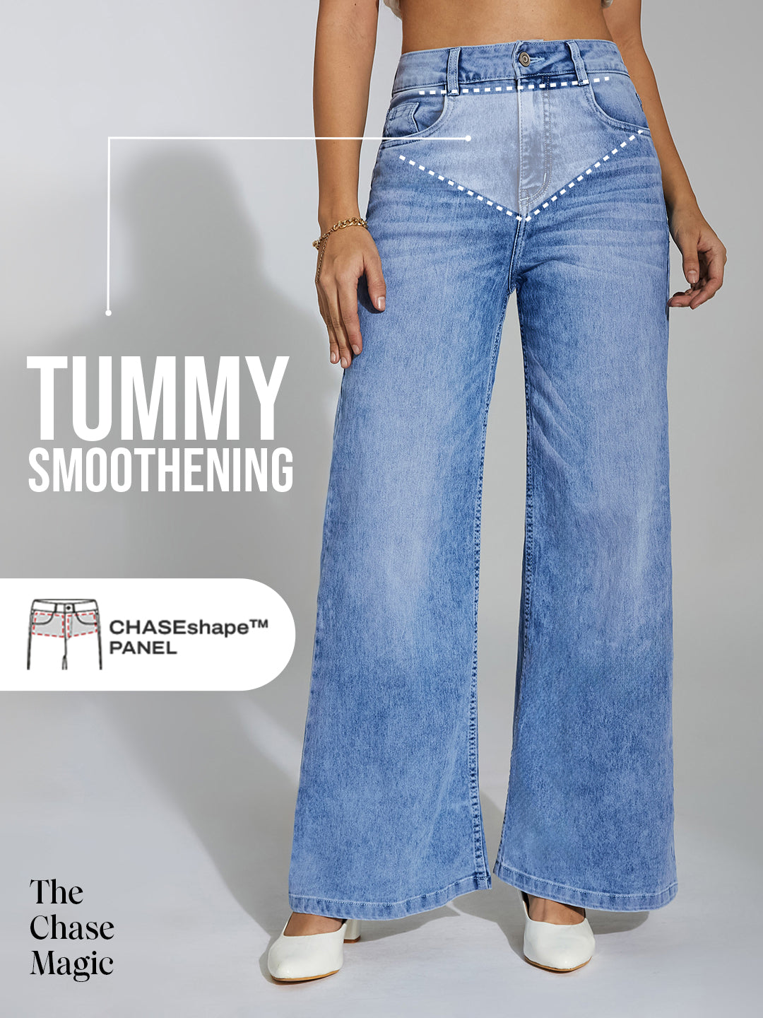 Tummy Smoothening Light-Shaping Wide-Leg High-Rise Light-Blue Denim Jeans