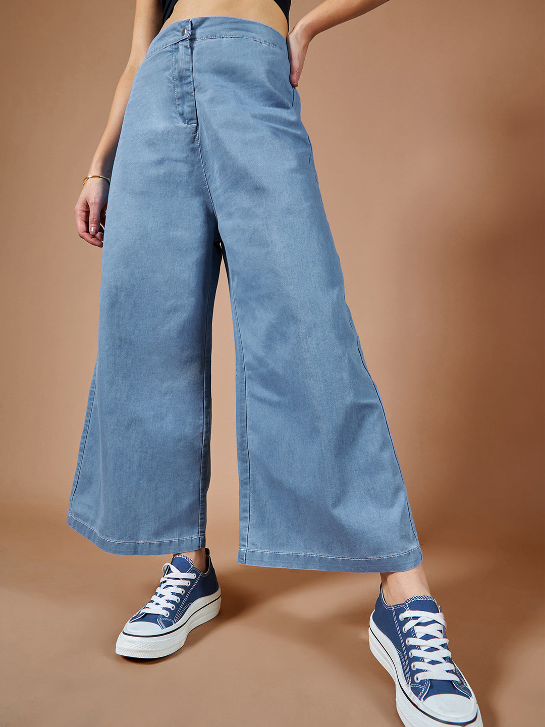 Women's Blue Flared Wide-Leg High-Rise Non Stretchable Denim Culottes Pants