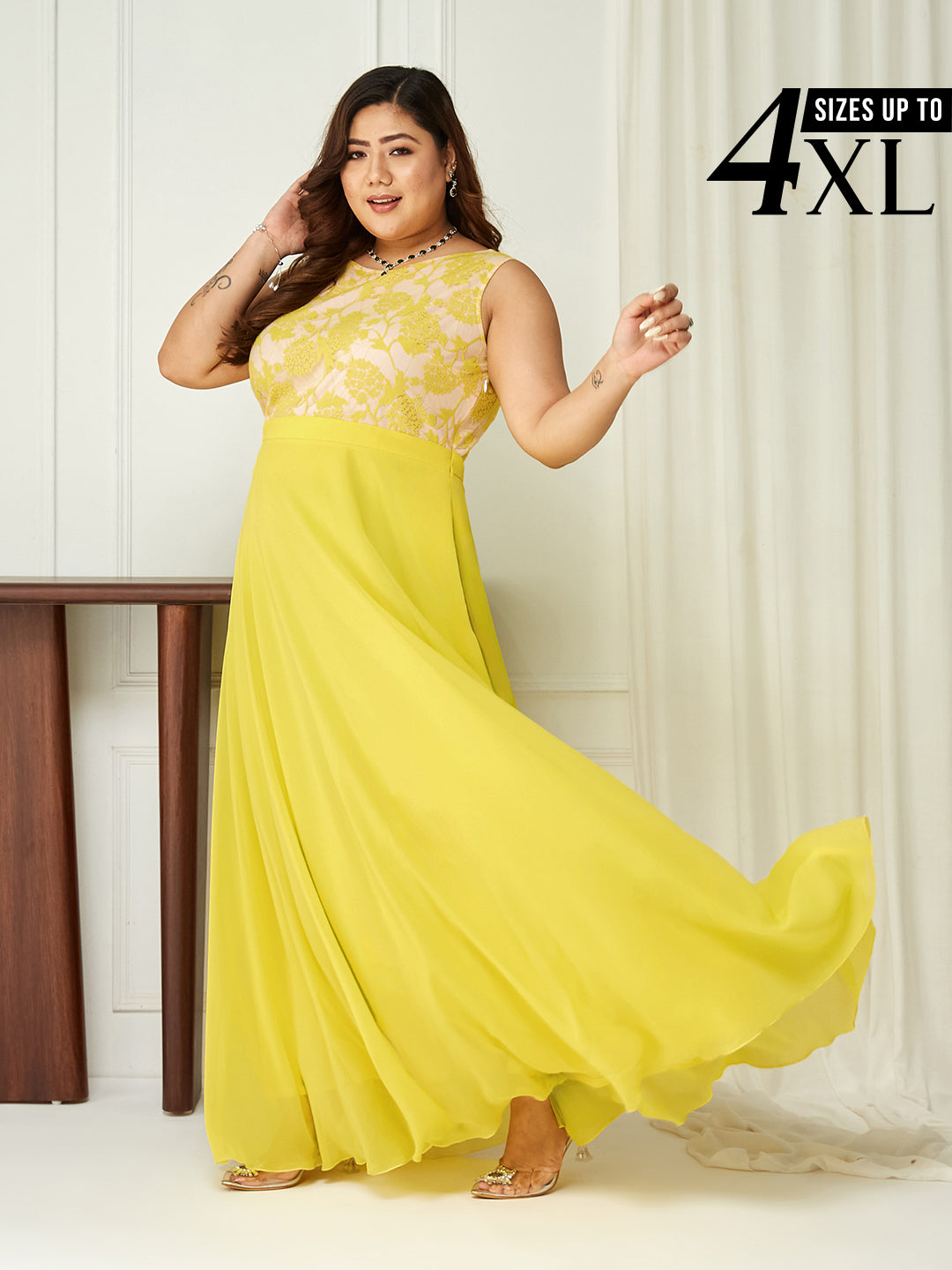 Light Yellow & Dusty Pink Sleeveless Fit and Flare Lace Dress for Wome Light Yellow & Dusty Pink Sleeveless Fit and Flare Lace Dress for Wome