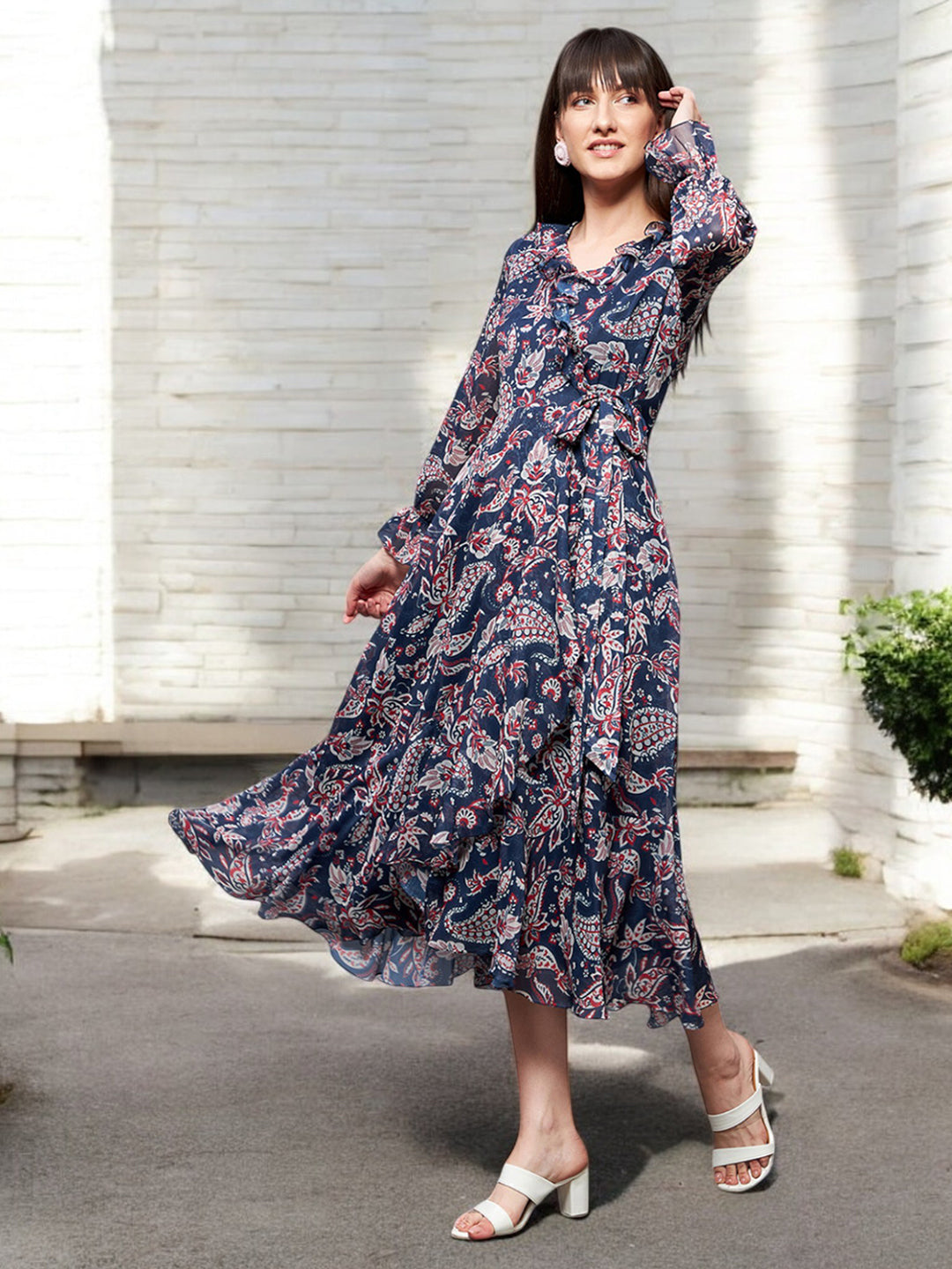 Women's Multicolored-Base-Navy Blue V Neck Full Sleeves Polyester Relaxed Fit Midi Length Dress