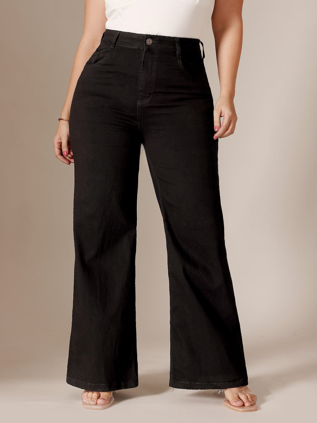 Black Wide Leg High Rise Clean Look Regular-Length Stretchable Denim Jeans for Women