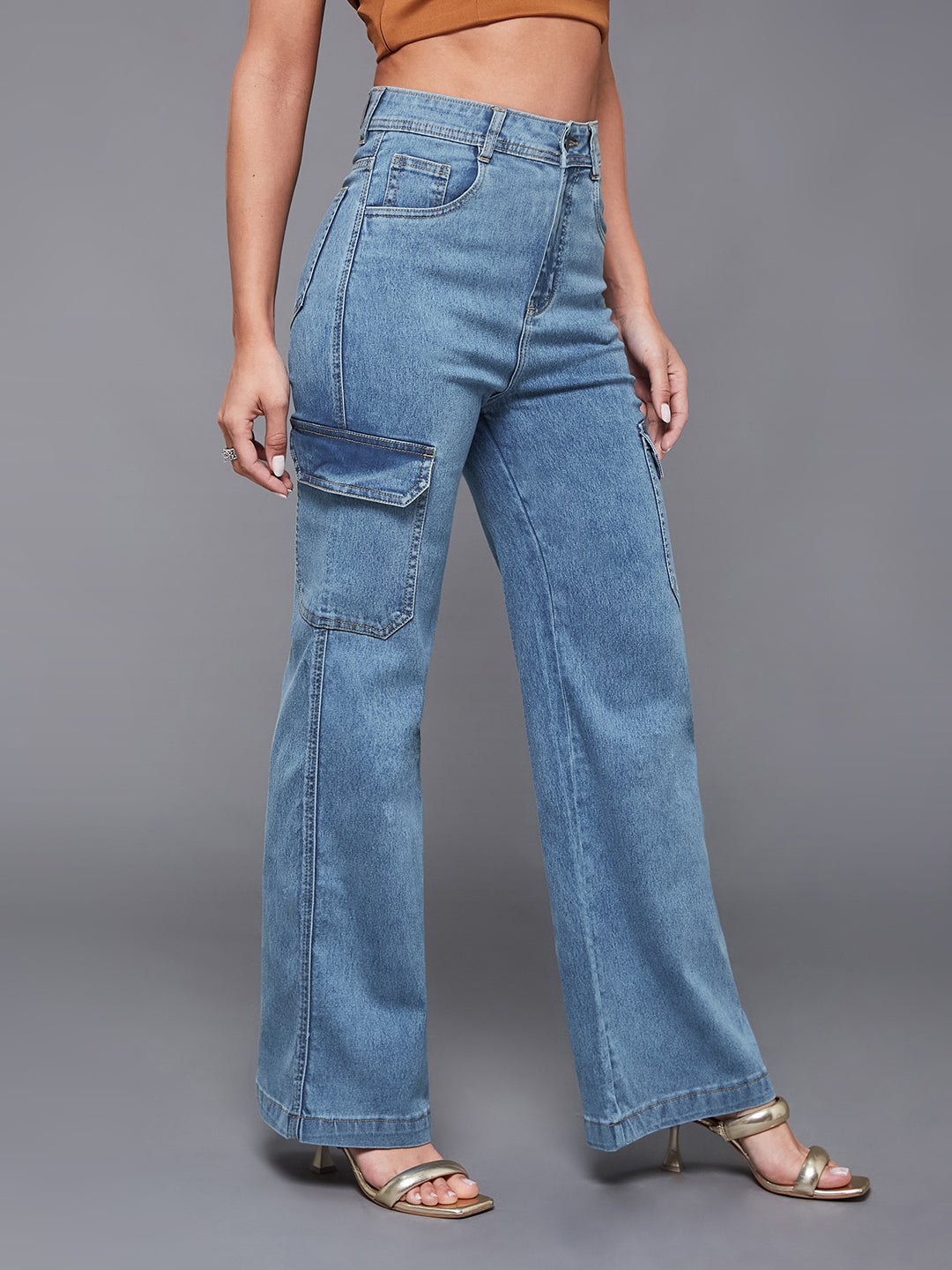 24/7 Comfort Blue Wide-Leg High-Rise Stretchable Cargo Denim Jeans