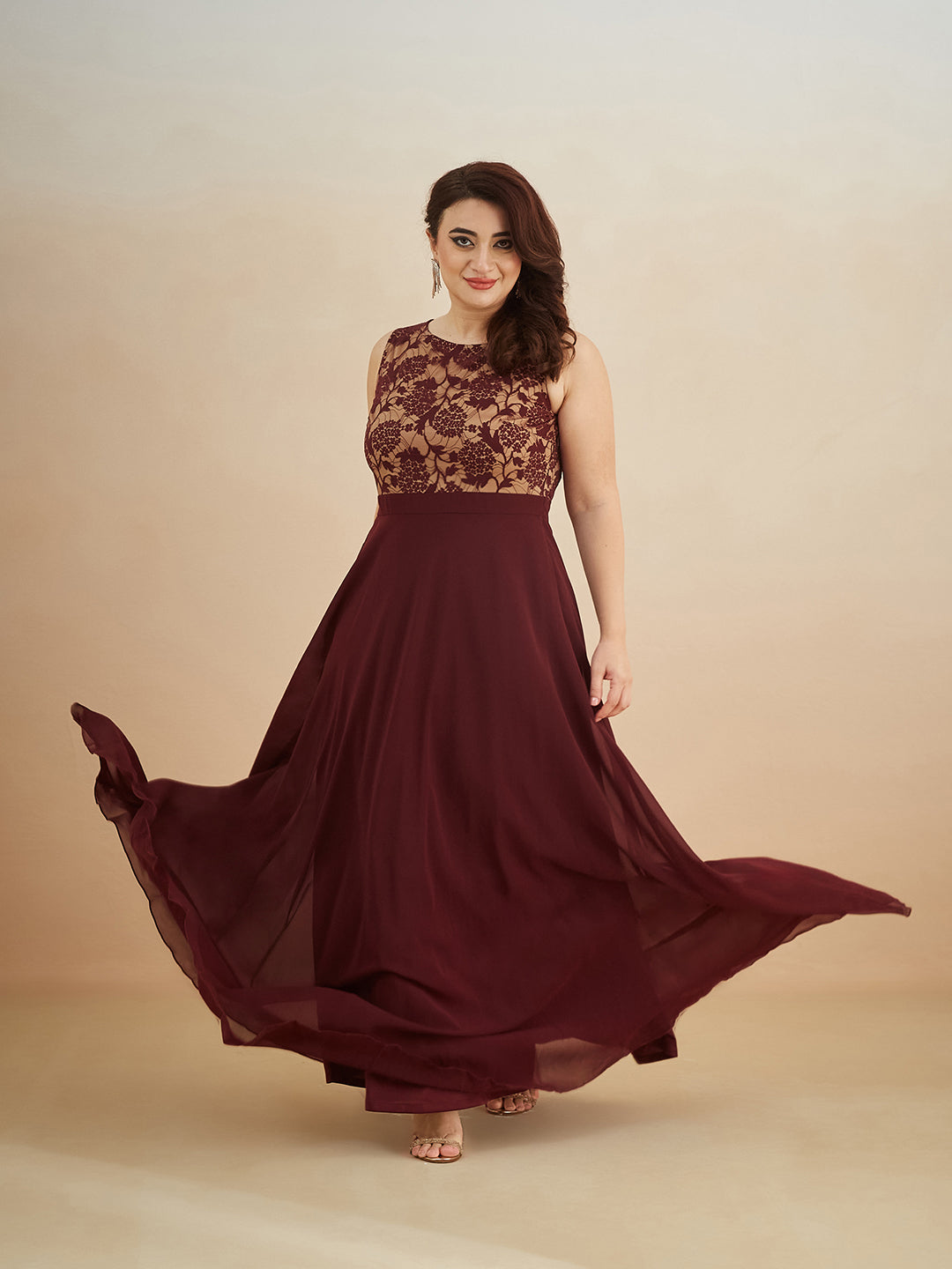 Beige & Wine Round Neck Sleeveless Georgette Floral Lace Fit & Flare Maxi Dress for Women