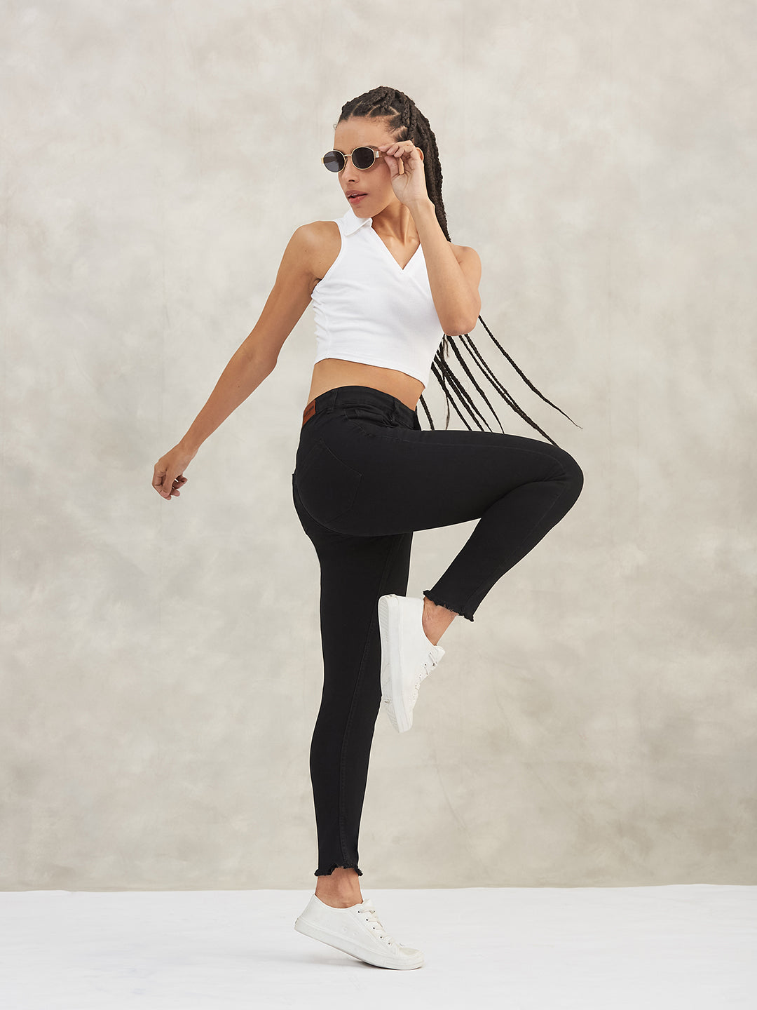 Women's Black Skinny Fringe-Detailing High-Rise Solid Cropped Stretchable Denim Jeans