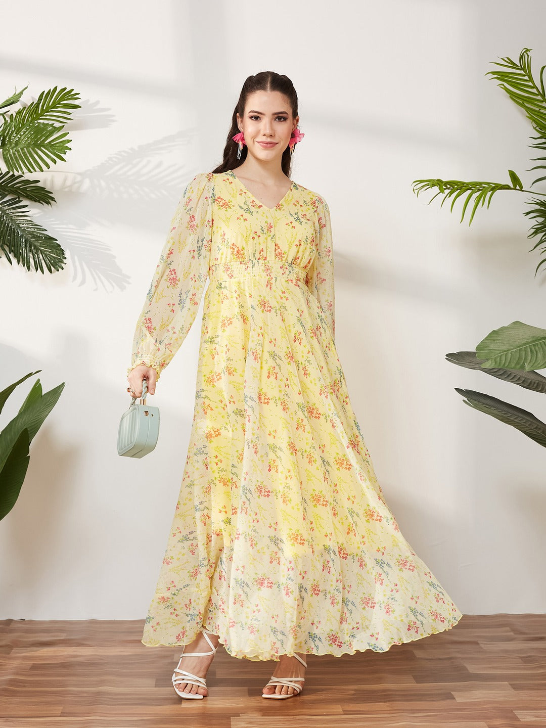 Lime Yellow V-Neck Bishop Sleeve Floral Gathered Chiffon Maxi Dress for Women