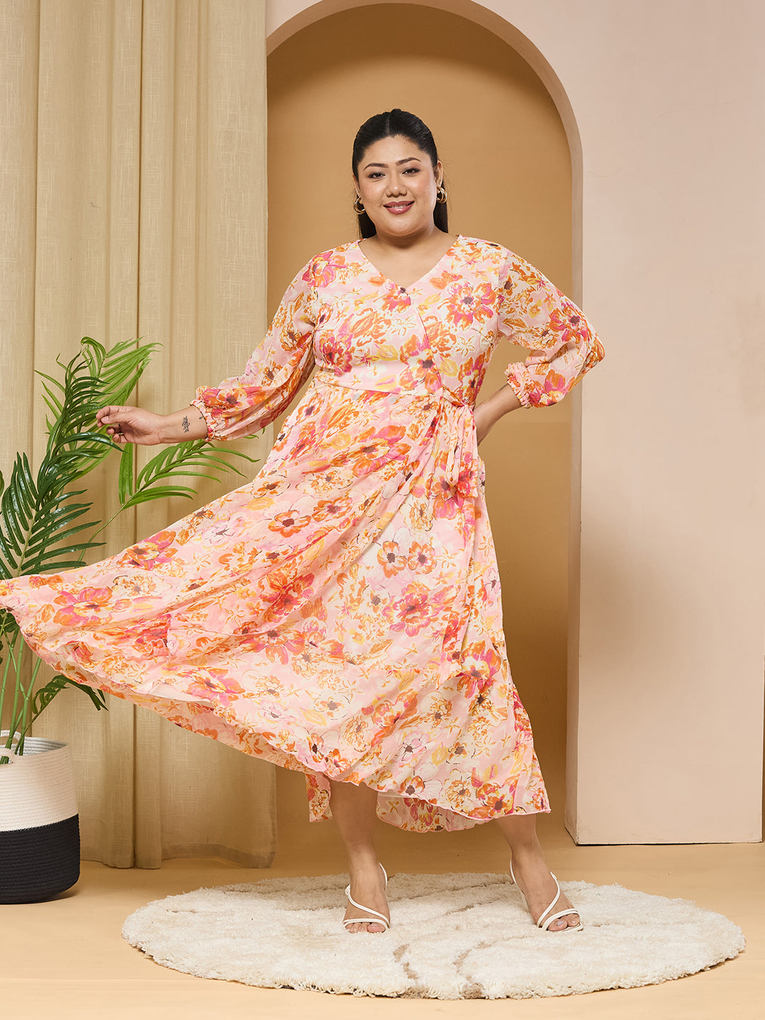 Pink & Orange V-Neck Bishop Floral Layered Chiffon Maxi Dress for Women