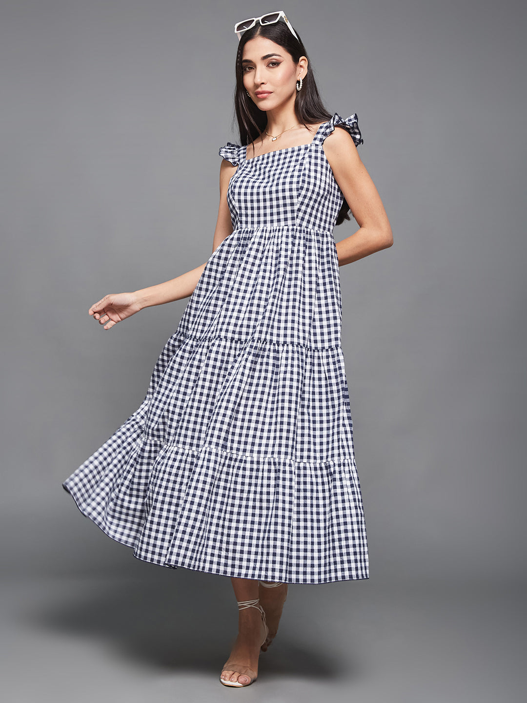 Navy & White Cotton Checkered Midi Tiered Dress for Women