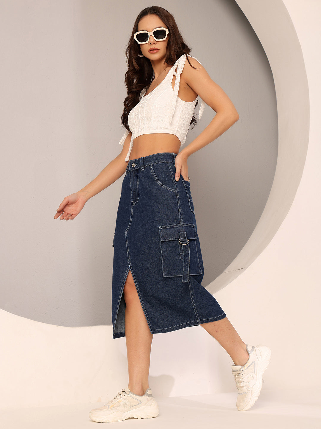 Navy-Blue Straight-Fit High-Rise Clean-Look Midi Denim Skirt for Women