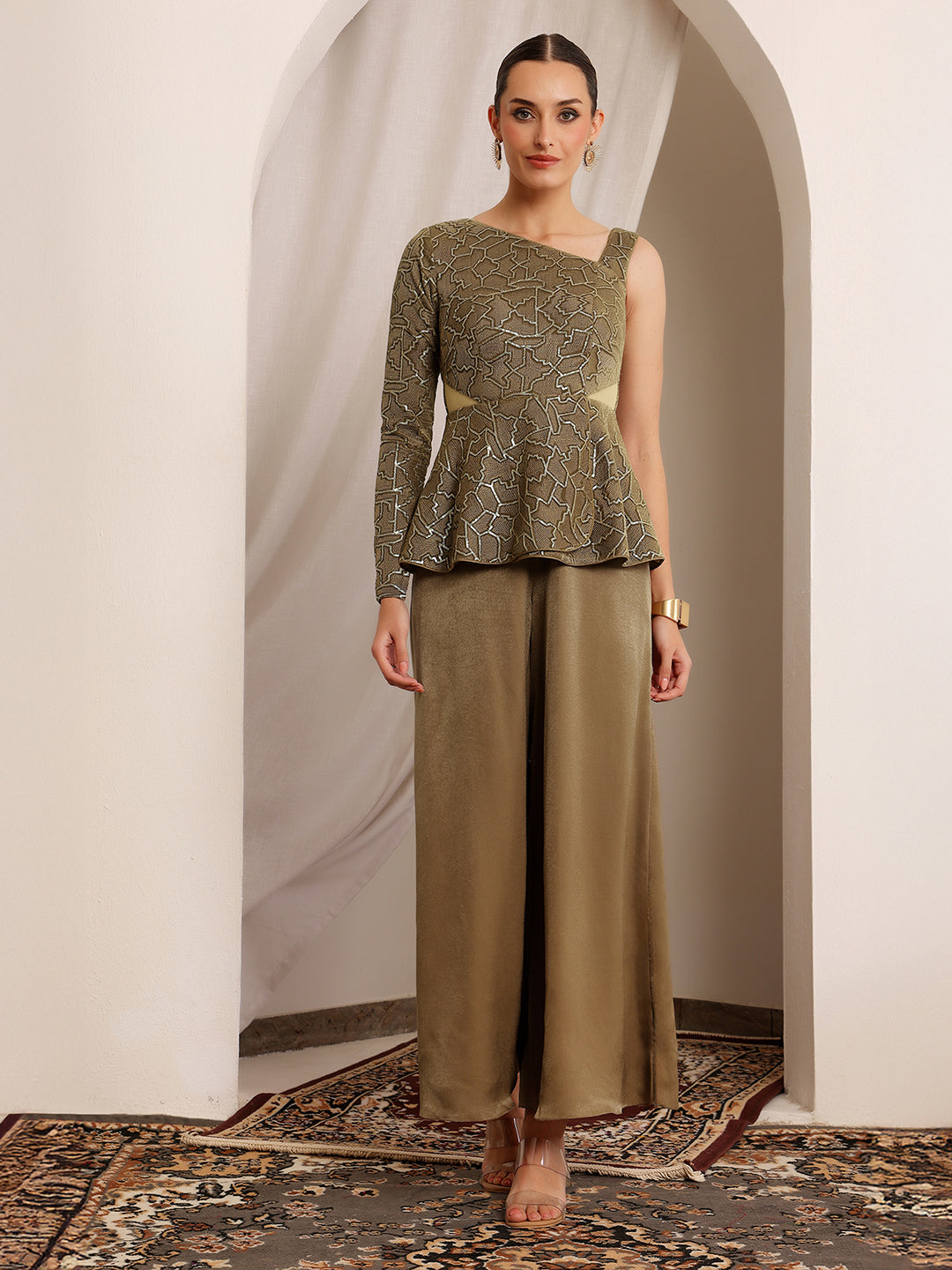 Lila Zari Dark Beige Geometric Peplum Satin Jumpsuit