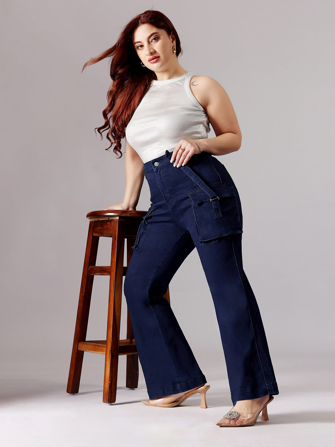 Women's Navy Blue Bootcut High-Rise Clean-Look Stretchable Denim Jeans