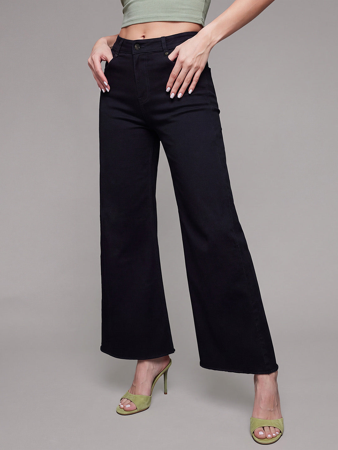 Black High Rise Stretchable Wide Leg Denim Jeans for Women
