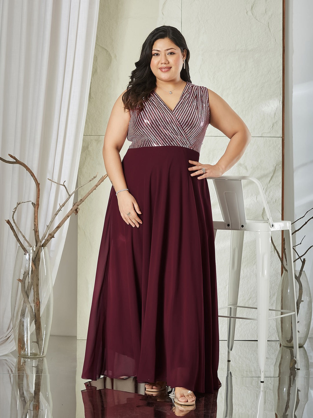 Wine V-Neck Sleeveless Embellished Wrap-Styled Maxi Georgette Dress for Women