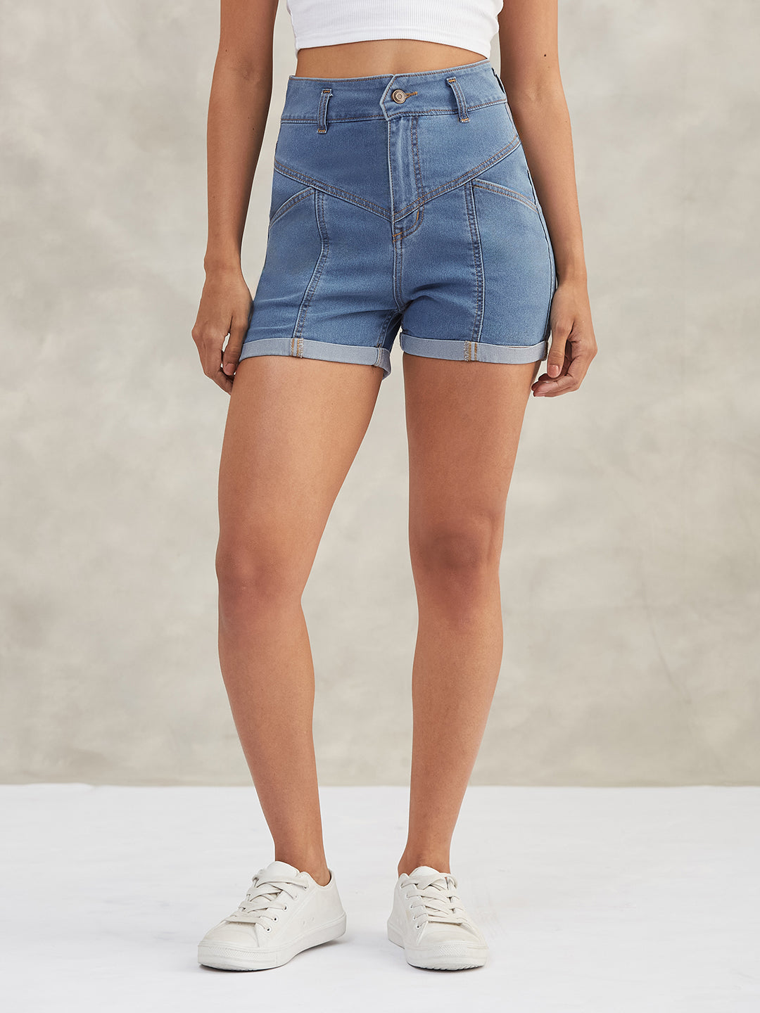 Blue Relaxed-Fit High-Rise Stretchable Blue Denim Shorts for Women — Dolce Crudo