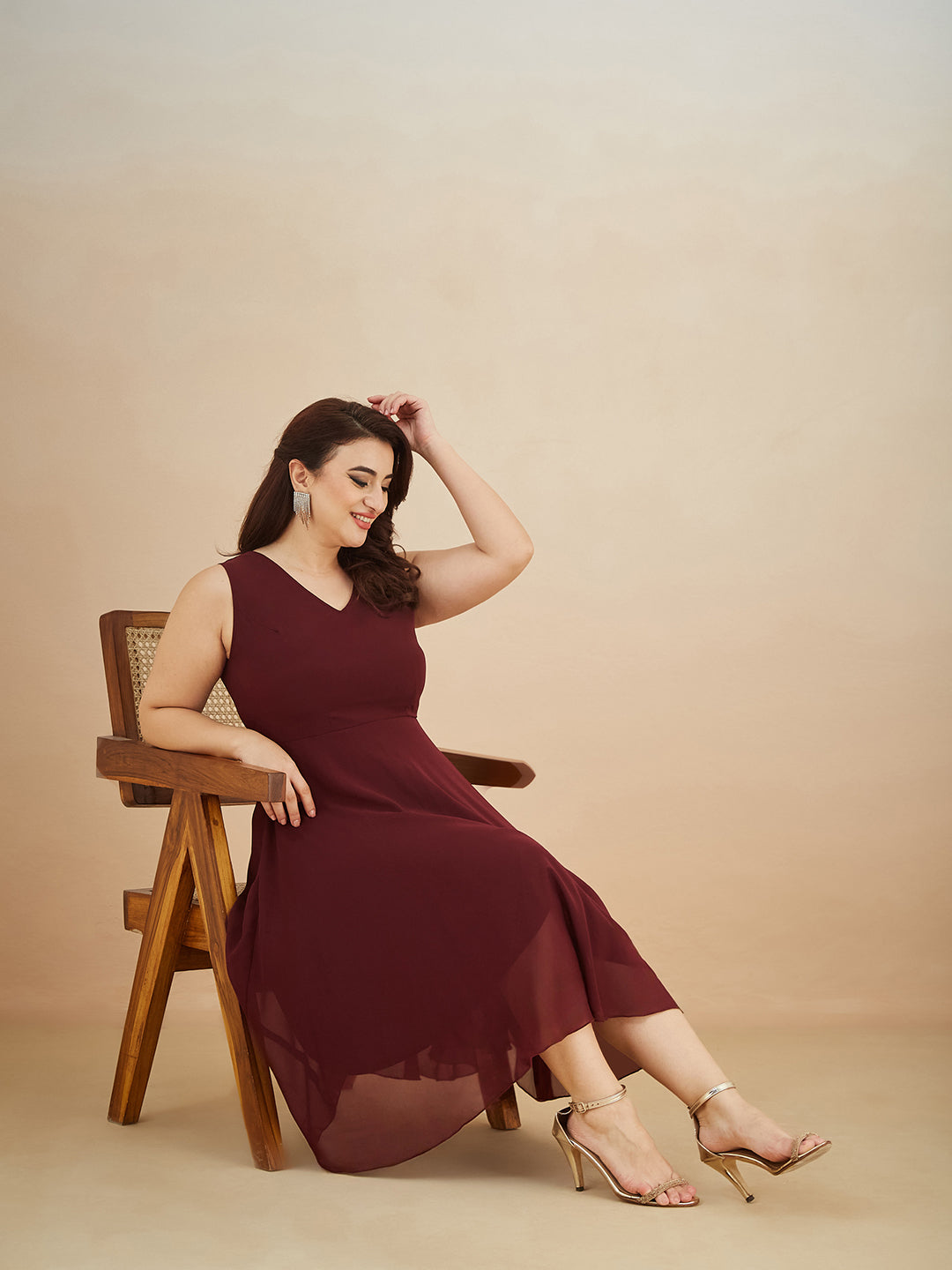 Women's Wine Red V-Neck Sleeveless Solid High-Low Midi Skater Dress