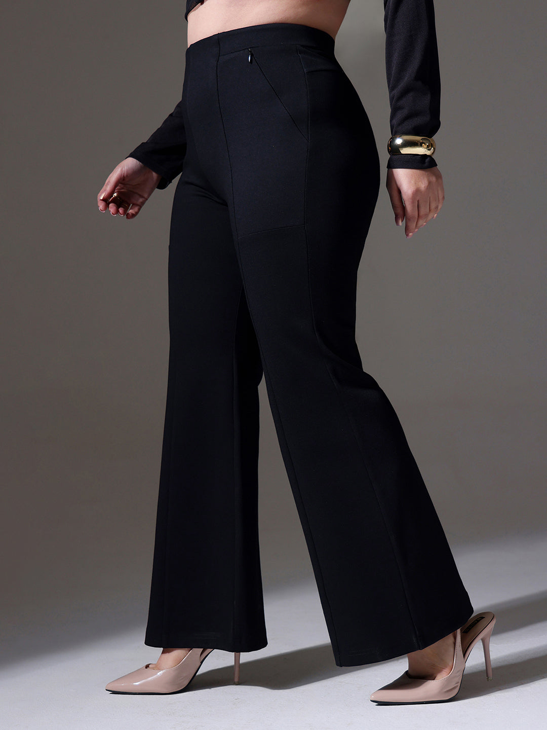 CHASEshape™ Black Solid Bootcut Regular-Length Rayon Trouser for Women