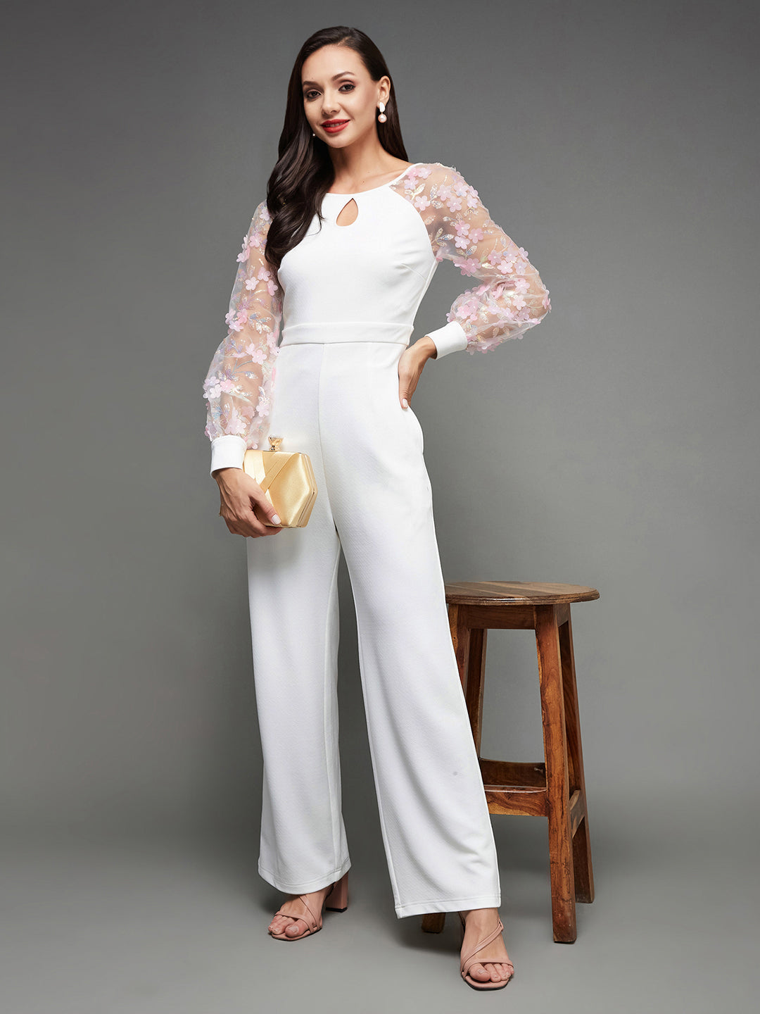 Women's Off White Floral Keyhole Neck Bishop Sleeves Side Pocketed Polyester Back Tie-Up Regular-Length Jumpsuit