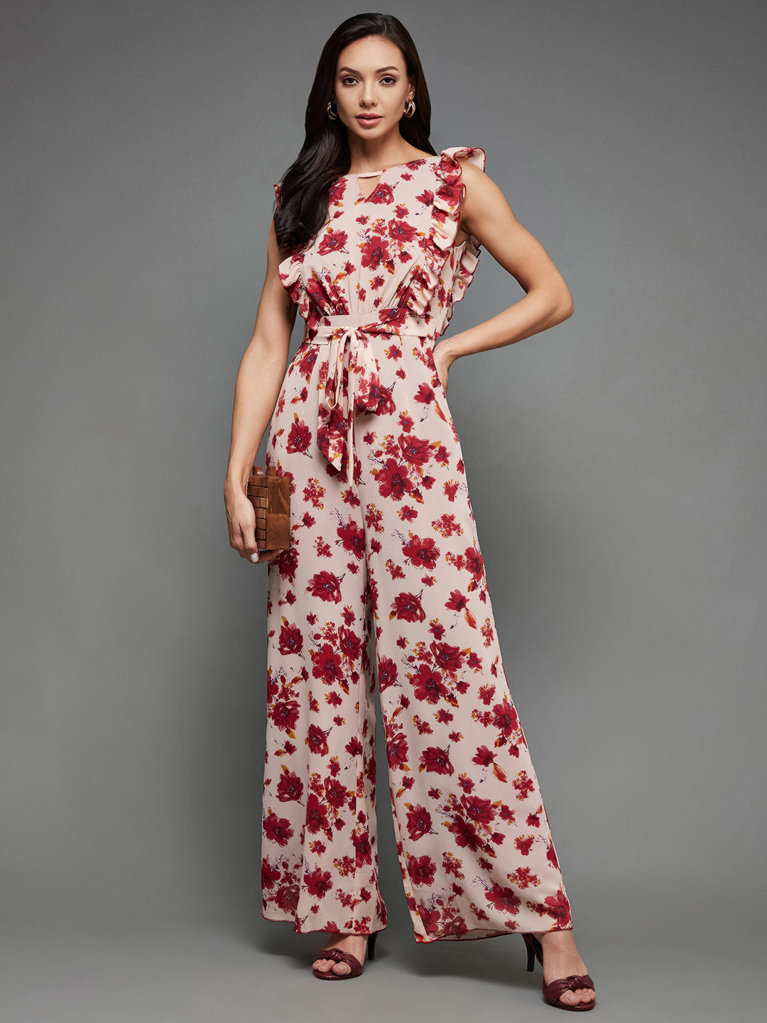Multicolored-Base-Light Pink Round neck Sleeveless Floral Wide-Leg Regular Jumpsuit for Women