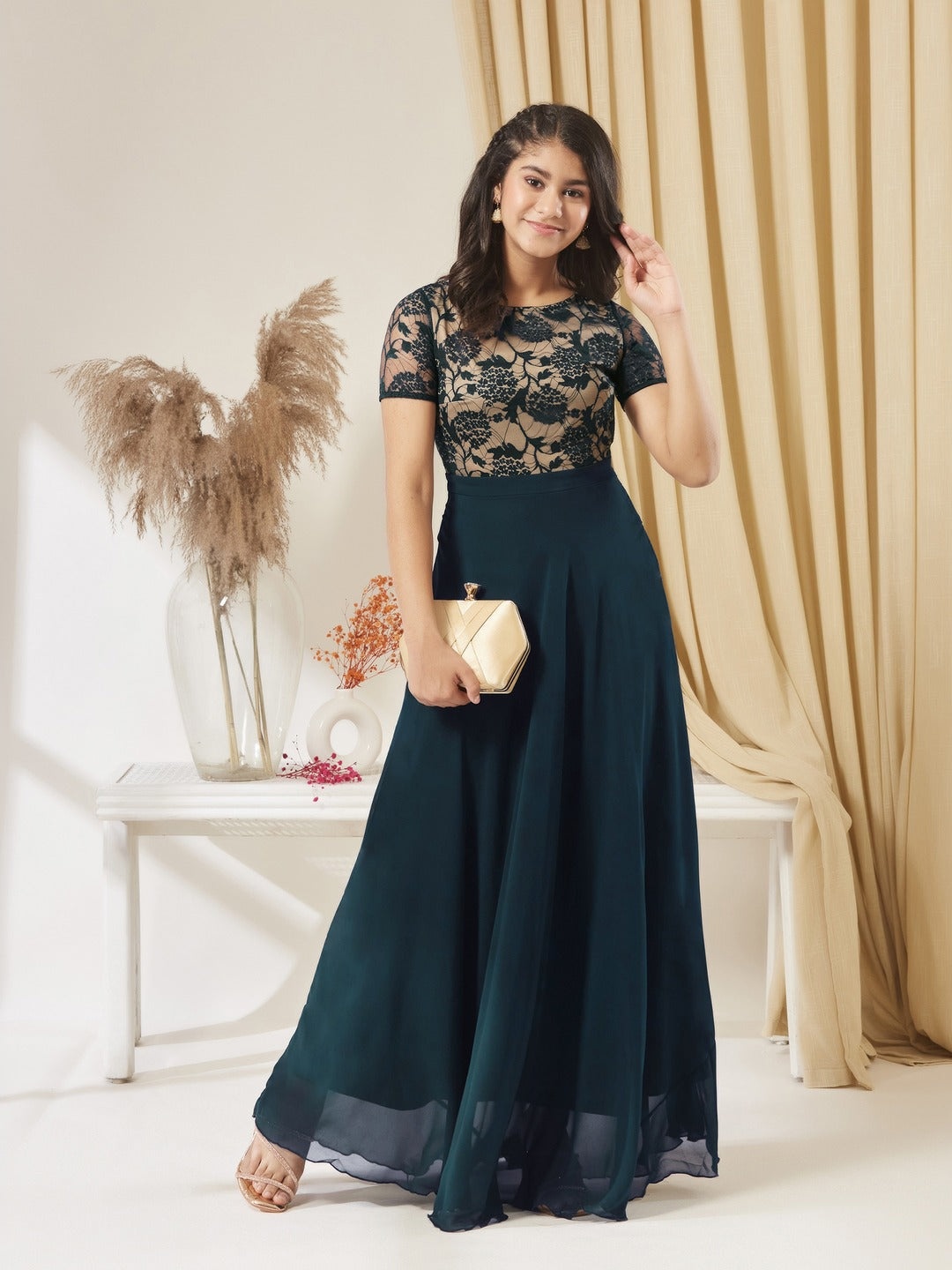 Teal Round Neck Half Sleeve Self Design Fit & Flare Georgette Maxi Dress for Girls/Teenagers
