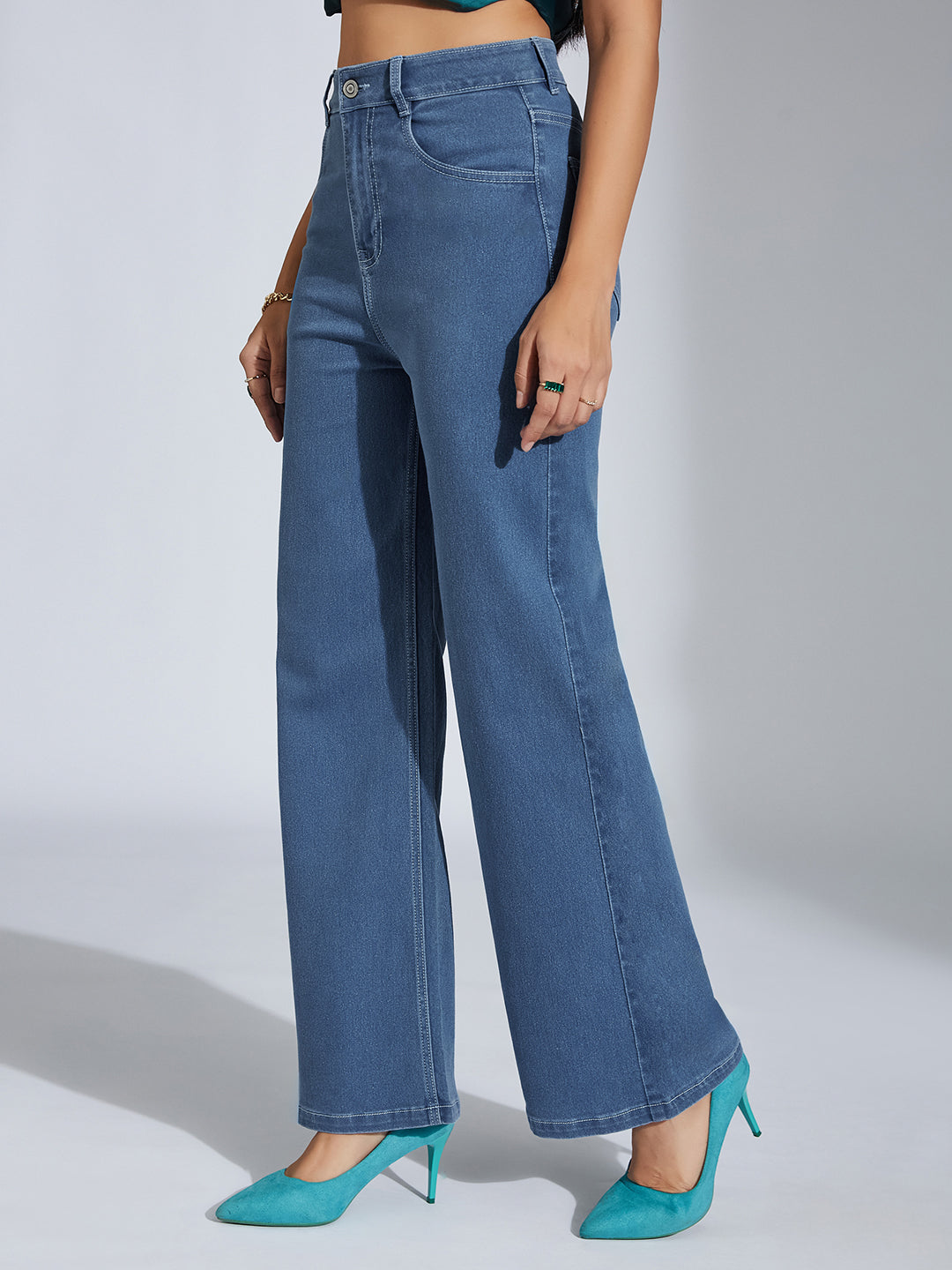 24/7 Comfort Blue Wide-Leg High-Rise Stretchable Denim Jeans