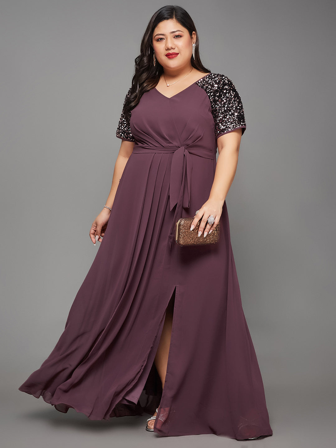 Body Bliss Mauve Relaxed Fit Maxi Georgette Party Sequin Dress