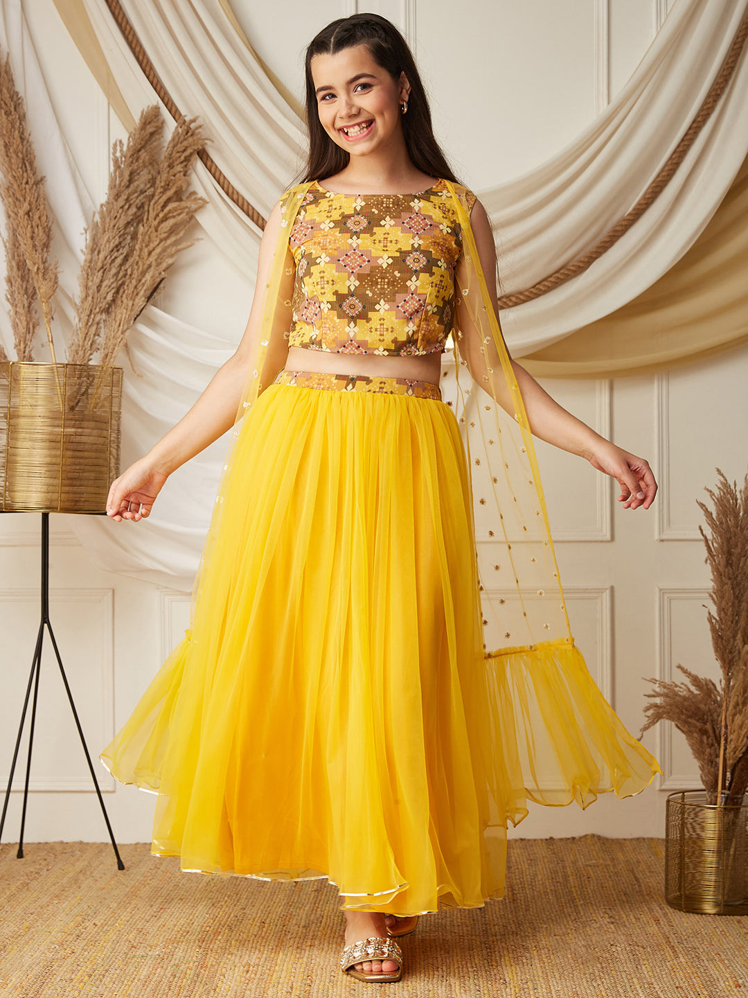 Multicolored-Base-Mustard Boat-Neck Sleeveless Embellished Fit & Flare Regular Fusion Set