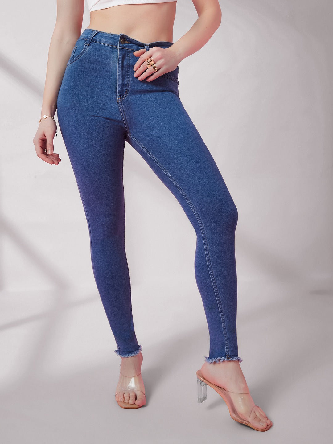 Blue Skinny High-Rise Cropped Length Fringe Detailing Stretchable Denim Jeans for Women