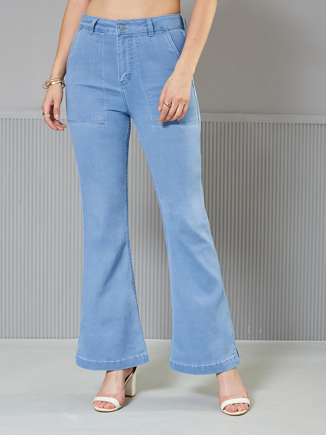 Women's Light Blue Bootcut High-Rise clean-look Regular Stretchable Denim Jeans