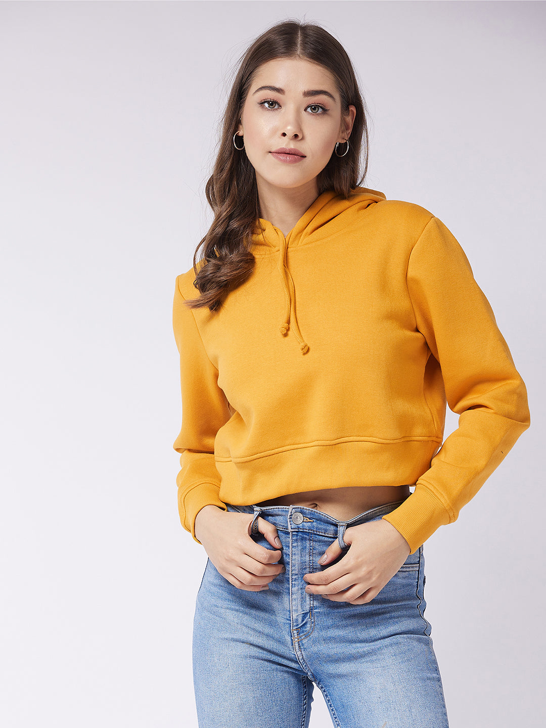 Women's Mustard Round Neck Full Sleeve Solid Crop Sweatshirt