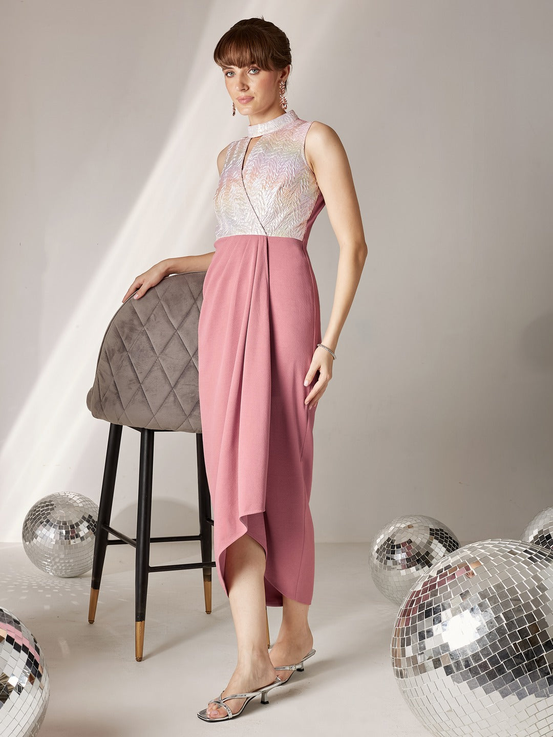 Dusty Pink Halter-Neck Sleeveless Self Designed Draped Polyester Midi Dress for Women